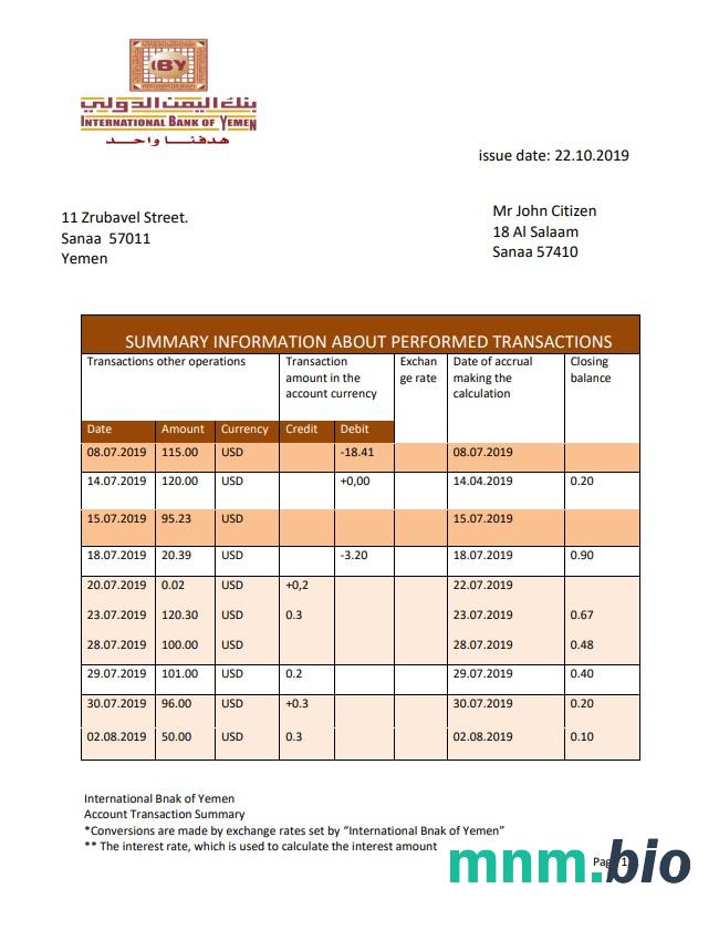 Jemen Bank Międzynarodowy szablon w formacie excel pdf